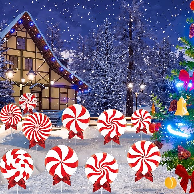 Glenmal 12 Pcs Christmas Outdoor Yard Signs Peppermint Corrugated Yard Decorations with Stakes and Bow Xmas Decorations Garden Sign Waterproof Cardboard Lawn Signs for Pathway Walkway (Peppermint)
