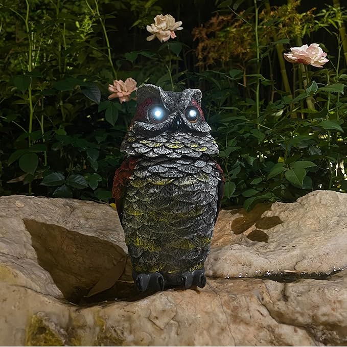 Owls to Keep Birds Away, Solar Owl Decoys to Scare Birds Away, Small Fake Owl for Bird Control, Resin Owls Outdoor Decor with Rotating Head and Lighted Eyes, Animal Deterrent for Outside, Garden
