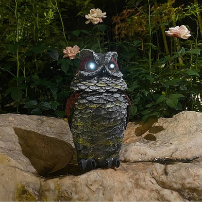 Owls to Keep Birds Away, Solar Owl Decoys to Scare Birds Away, Small Fake Owl for Bird Control, Resin Owls Outdoor Decor with Rotating Head and Lighted Eyes, Animal Deterrent for Outside, Garden