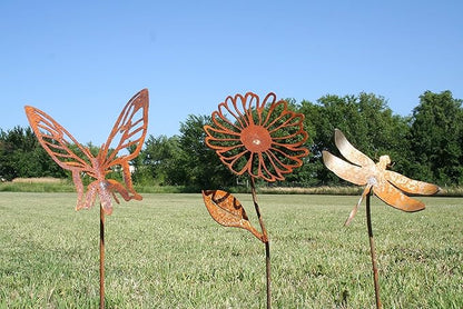 Metal Rustic and Colorful Flower Stakes Ranging from 9.5 to 36 Inches Tall (Daisy, Butterfly and Dragonfly Stake Set, Naturally Rusted)