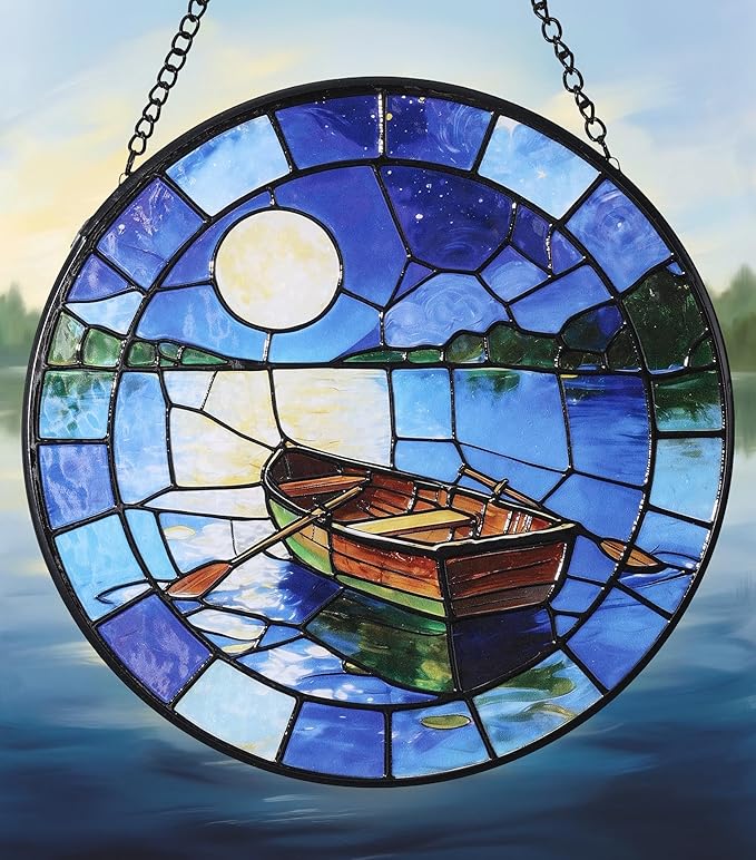 Hanging Stained Glass for Windows,20cm/7.87inch The Boat Beneath the Moon Stained Glass Suncatcher with Chain Garden Diamond Glass Panel Hangings Decoration for Family Friends Colleagues