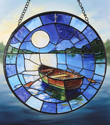 Hanging Stained Glass for Windows,20cm/7.87inch The Boat Beneath the Moon Stained Glass Suncatcher with Chain Garden Diamond Glass Panel Hangings Decoration for Family Friends Colleagues
