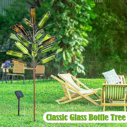 Meonum Solar Light Bottle Tree, 61" Metal Garden Sculpture for Yard & Patio Decor, Colorful Outdoor Wine Holder for Garden & Lawn Decoration, Holds 24 Glass Containers(Bronze)