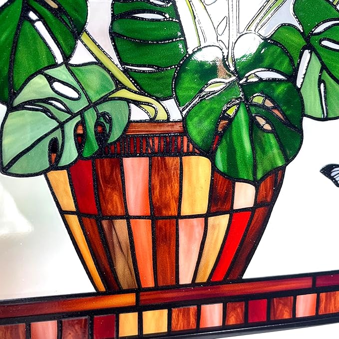 Monstera and Butterflies Stained Glass Suncatcher Panel 7.8x7.8 inches Square Window Hanging Panel for Home Decor Handcrafted Real Glass Window Art for Wall or Garden