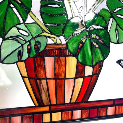 Monstera and Butterflies Stained Glass Suncatcher Panel 7.8x7.8 inches Square Window Hanging Panel for Home Decor Handcrafted Real Glass Window Art for Wall or Garden