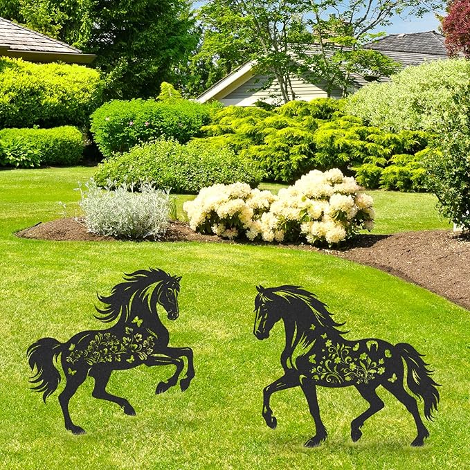 Horse Garden Stakes Decorations - 2 Pcs Metal Cool Animals Lovers Statues Decors Sets for Yard Outdoor Black Silhouette Gifts Lawn Figurines Ornaments Flowers Patio Signs Animals Sculptures