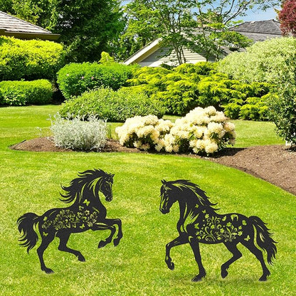 Horse Garden Stakes Decorations - 2 Pcs Metal Cool Animals Lovers Statues Decors Sets for Yard Outdoor Black Silhouette Gifts Lawn Figurines Ornaments Flowers Patio Signs Animals Sculptures