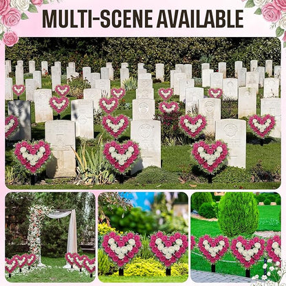 Frienda 2 Sets Cemetery Flowers Grave Stake Metal Floral Decor for Tombstone, Outdoor Gravesite Markers for Mom Dad, Memorial Day Spring Easter Grave Decor(Heart,Rose Red,White)