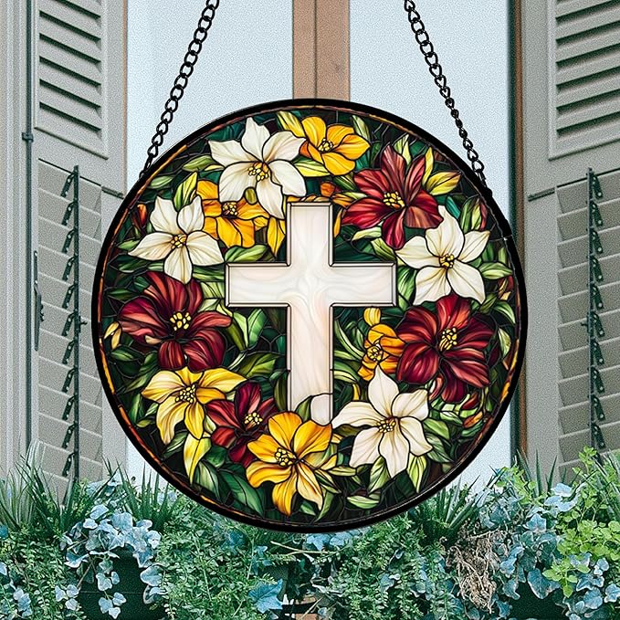 DASTOLL Stained Glass Window Hanging, Cross Flowers Sun Catchers Colorful Glass Panel Christianity Suncatcher Decor for Birthday for Women, Men, Wife, Aunt, and Mom 14.9x14.9 in