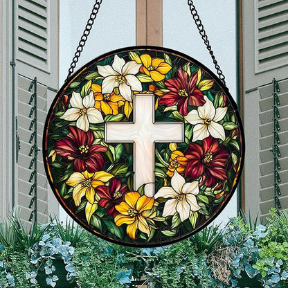 DASTOLL Stained Glass Window Hanging, Cross Flowers Sun Catchers Colorful Glass Panel Christianity Suncatcher Decor for Birthday for Women, Men, Wife, Aunt, and Mom 14.9x14.9 in
