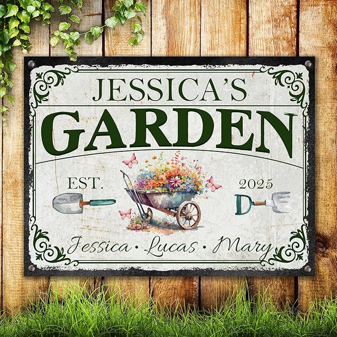 Custom Garden Signs Personalized Metal Tin Sign for Women, Retro Funny Welcome Metal Sign for Outdoor, Patio, Yard Rustic Home Decor Gifts for Mothers Day, Grandmas, and Gardening Lovers