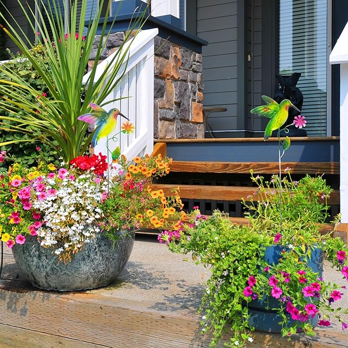 Hummingbird Metal Garden Stakes – 2 Pcs Vibrant Yard Decor with Colorful Design – Durable Lawn Outdoor Plant Picks for Flower Beds, Pathways, or Plant Pots – Great Gift for Garden & Nature Lovers