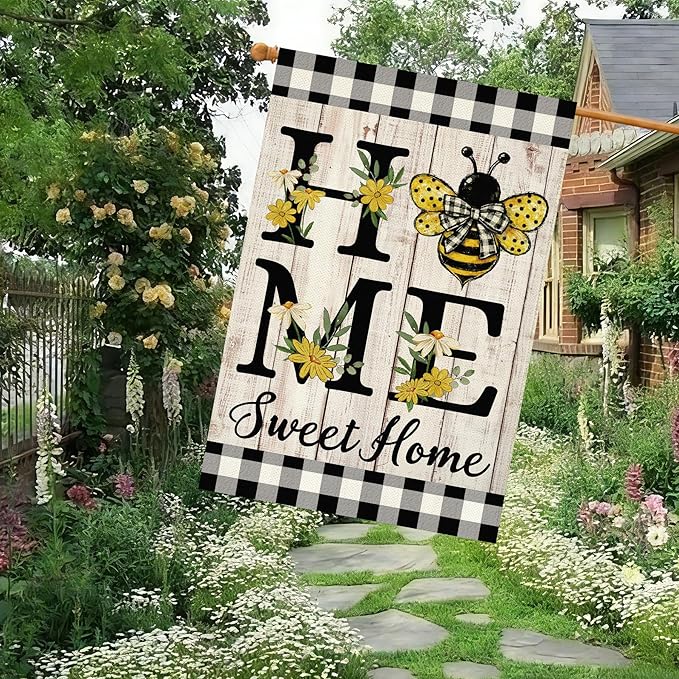 ORTIGIA Home Sweet Home Bee House Flag Double Sided 28x40 Inch, Spring Summer Yellow Flower Buffalo Plaid Check Large Yard Flag Burlap Farmhouse Rustic Outside Outdoor Lawn Patio Decor
