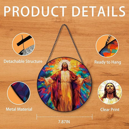 Jesus Christian Suncatcher Stained Glass Window Hanging, Jesus Religious Sun Catchers Indoor Window Glass Round Wall Decor, Christian Wall Art Hanging Decorations, 7.8＂x7.8＂