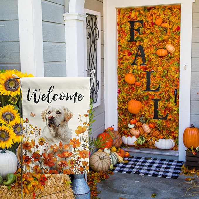Floral White Lab Garden Flag Fall Yard Flag Wildflower Labrador Dog Garden Flags Orange Autumn Lawn Flags Welcome Thanksgiving Outdoor Flags for Outside 12x18 Double Sided Small