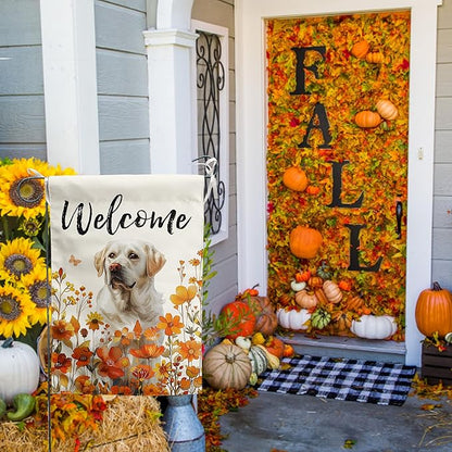 Floral White Lab Garden Flag Fall Yard Flag Wildflower Labrador Dog Garden Flags Orange Autumn Lawn Flags Welcome Thanksgiving Outdoor Flags for Outside 12x18 Double Sided Small