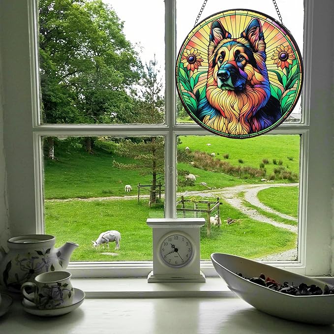 Stained Glass Dog Memorial Suncatcher,German Shepherd Window Hanging,Sympathy Gifts for Pet Loss,7.9 inch/20 cm Home and Garden Decor for Dog Lovers