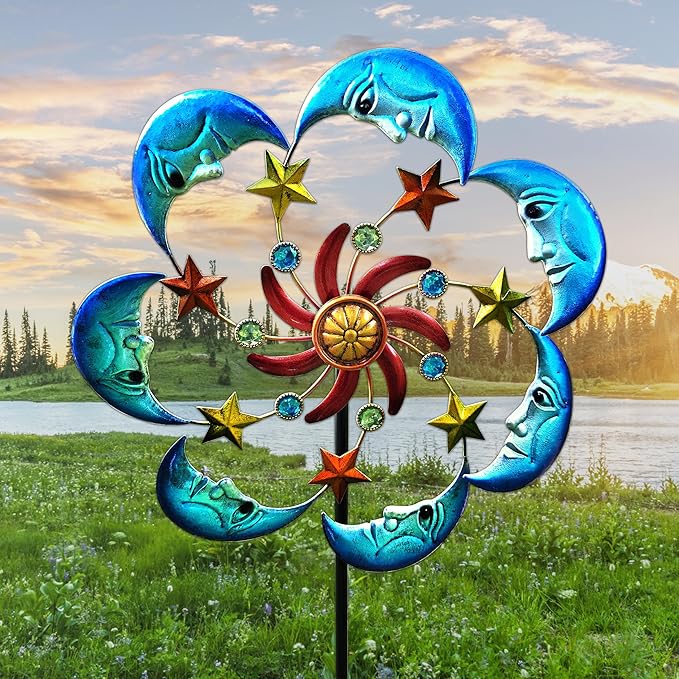Moon Sun 58-Inch Metal Wind Spinner with Stake for Garden, Yard, Lawn and Patio Decor