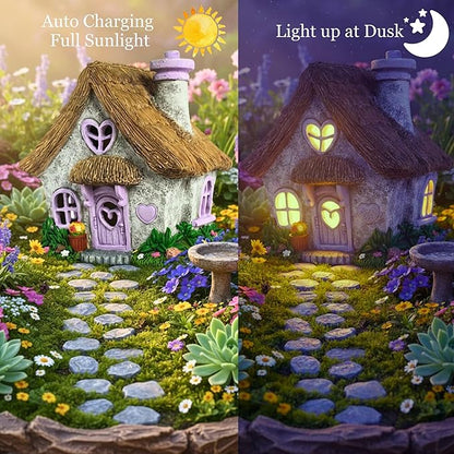 PRETMANNS Fairy House for Outside with Solar Powered LED Lights for Garden - Fairy Garden Houses for Outdoor - Miniature Accessories for Cottage Decor for Village - 7.56” High, Lavender