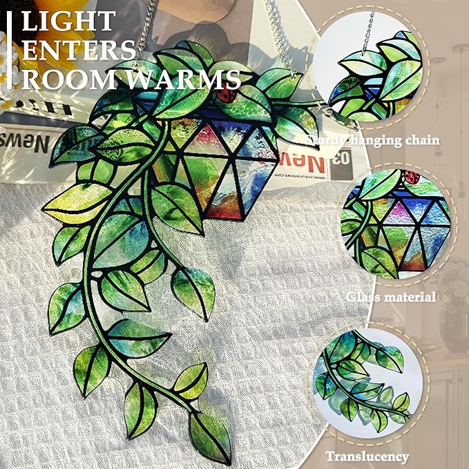 Plant Suncatcher Glass, Stained Glass Suncatcher Plant Window Hanging, Unique Nature Lover Gifts Leaf Idea