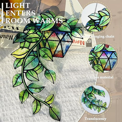 Plant Suncatcher Glass, Stained Glass Suncatcher Plant Window Hanging, Unique Nature Lover Gifts Leaf Idea