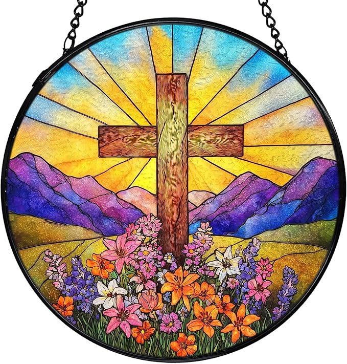 Cross Flower Suncatchers Stained Glass Window Hanging, Easter Christian Wildflower Landscape Sun Catchers Indoor Window Glass Round Wall Decor, 7.9x7.9in