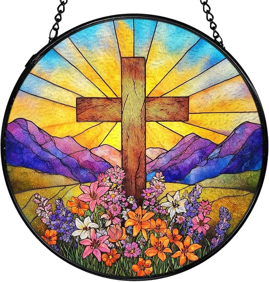 Cross Flower Suncatchers Stained Glass Window Hanging, Easter Christian Wildflower Landscape Sun Catchers Indoor Window Glass Round Wall Decor, 7.9x7.9in