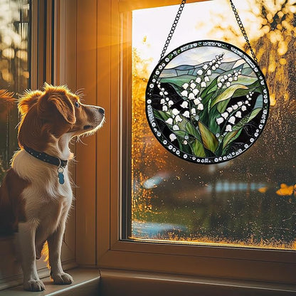 Stained Glass Window Hanging - Elegant White Lily of The Valley Flowers Suncatcher for Doors Garden Terrace Green Sun Catchers Decor Mother's Day Birthday Gifts for Women Men Mom 7.8 in