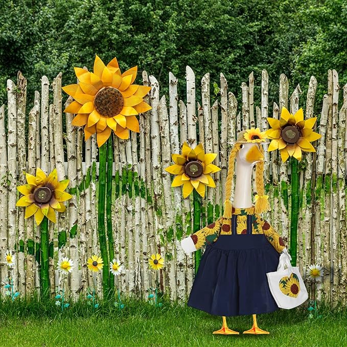 FuWeave Spring Sunflower Goose Outfit for 23'' Cement Statue Porch Goose Clothes Flower Dress and Straw Hat for Large Statue Summer Outdoor Garden Patio Yard Lawn Art Decoration