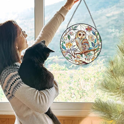 Owl Bird Flower Stained Glass Window Hanging, Owl Gifts for Women, Cottagecore Bird Floral Botanical Suncatchers Sun Catchers Indoor Window Glass Wall Art Decorations, 7.9x7.9in, Patio
