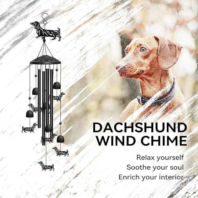Dachshund Wind Chimes for Outside, Decorative Wind Chimes Dachshund Gifts for Women/Men, Memorial/Birthday Gifts, Garden Decor for Outside, Patio or Yard, Durable Chimes for Outdoors (Black)
