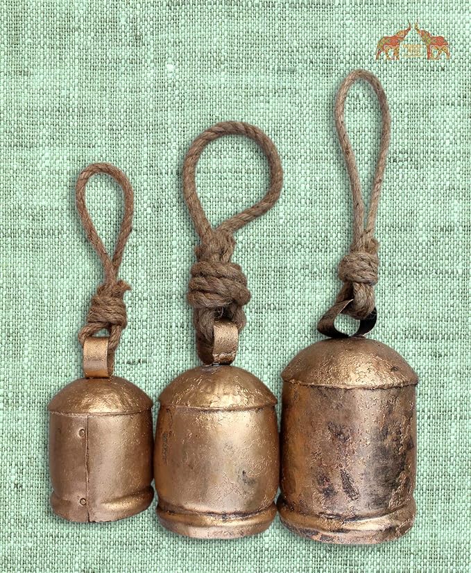 Mango Gifts Handmade Rustic Iron Tin Metal Vintage Harmony Bells Rustic Brass Country Style Large Bell Relaxing Tranquil Wind Chimes Christmas Hanging, Bells on Rope Set of 3 Pieces