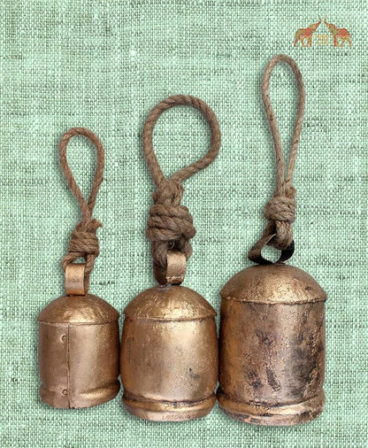 Mango Gifts Handmade Rustic Iron Tin Metal Vintage Harmony Bells Rustic Brass Country Style Large Bell Relaxing Tranquil Wind Chimes Christmas Hanging, Bells on Rope Set of 3 Pieces