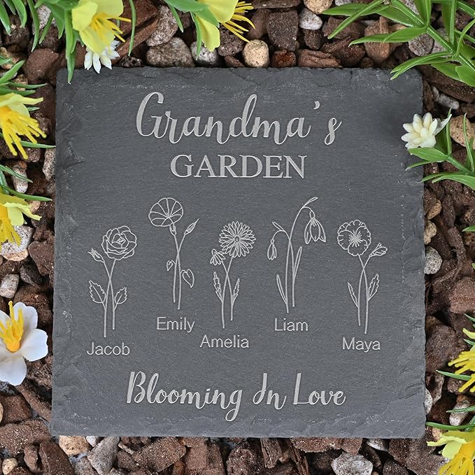 Personalized Garden Stone with Birth Flower Personalized Gifts for Grandma, Mom, Her, Women - Gifts for Mothers Day, Birthday, Christmas, Valentines - Birth Flower Gifts