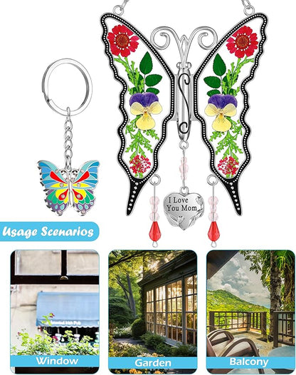 KY&BOSAM Gifts for Mom Suncatcher Butterfly Stained Glass Sun Catchers Window Hanging Wind Chime Ornament with Pressed Flowers I Love You Mom Heart Charm for Women Mother's Day Birthday Christms Decor