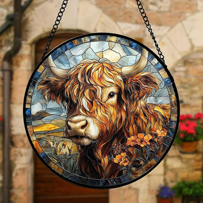 DASTOLL Stained Glass Window Hanging - Funny Cow Flower Suncatcher Ready to Hang Window Doors Home Decoration and Christmas, Mother's Day Birthday Gifts for Women, Men, and Mom 7.8x7.8 in