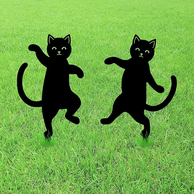 GLOBLELAND 2 Pcs Dancing Cat Garden Stakes for Yard Decor Black Cat Silhouette Metal Stakes Funny Animals Statues Lawn Yard Signs for Cat Lovers Outdoor Party Patio Landscape Decor