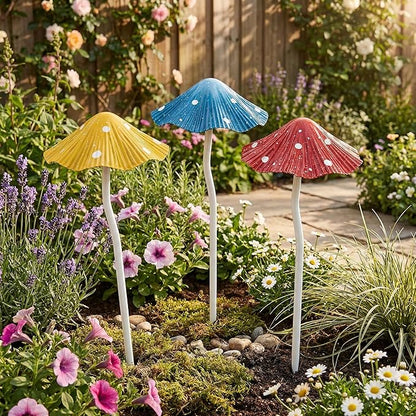 Metal Mushroom Garden Stakes Set of 3, Rust-Free Heavy Duty Metal Yard Art Decor, Whimsical Toadstool Lawn Ornaments for Fairy Garden, Flower Bed Edging, Patio & Planter Pot (No Assembly Needed)