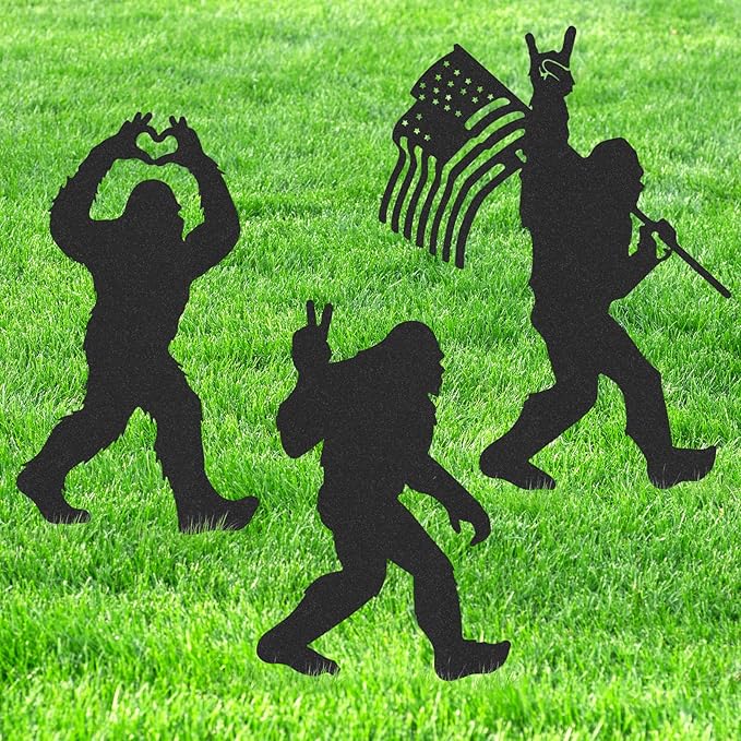 Bigfoot Decor Garden Stakes - 3 Pcs Metal Big Foot Statues Yard Art Ornaments Sasquatch Gifts Patio Lawn Pathway Decorations Black Figurine Silhouette Decorative Christmas Birthday Gift