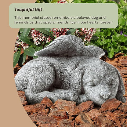 Pure Garden Sculpture Pet Memorial Statue, Sleeping Angel Dog, Stone Finish