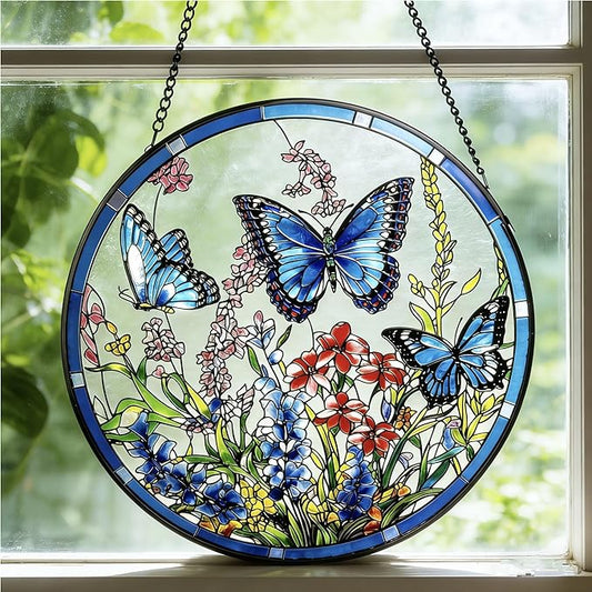Stained Glass Sun Catcher,ButterflysStained Glass Window Hanging Garden Decor,Sun Catchers Indoor Window,Whimsical Decoration for Home Backyard Patio Lawn Porch with 9.8 INCH