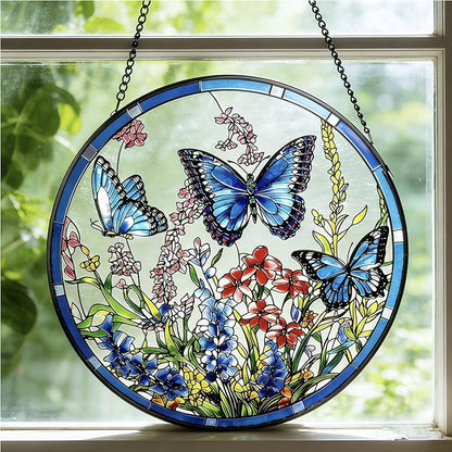 Stained Glass Sun Catcher,ButterflysStained Glass Window Hanging Garden Decor,Sun Catchers Indoor Window,Whimsical Decoration for Home Backyard Patio Lawn Porch with 6.3 INCH