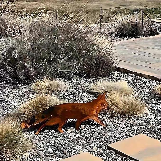 Rustic Metal Fox Garden Stakes: Sneaky Animal Metal Fox Garden Decoration, 3D Animal Shape Yard Art Sculptures for Patio Lawn Yard Backyard Art Decoration