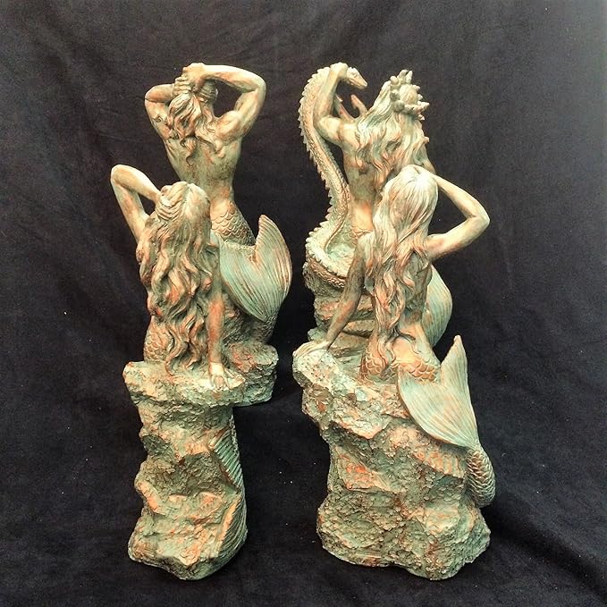 homestyles 21 in. Sexy Triton Merman Male Mermaid on Nautical Rock Bronze Patina Beach and Pool Statue