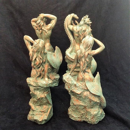 homestyles 21 in. Sexy Triton Merman Male Mermaid on Nautical Rock Bronze Patina Beach and Pool Statue