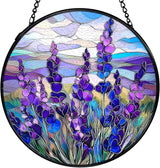 Lavender Flower Suncatchers Stained Glass Window Hanging, Flower Sun Catchers Indoor Window Glass Round Wall Decor, Purple Lavender Floral Wall Decor 7.9x7.9in