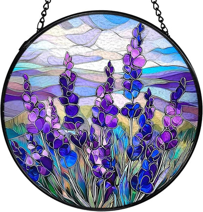 Lavender Flower Suncatchers Stained Glass Window Hanging, Flower Sun Catchers Indoor Window Glass Round Wall Decor, Purple Lavender Floral Wall Decor 7.9x7.9in