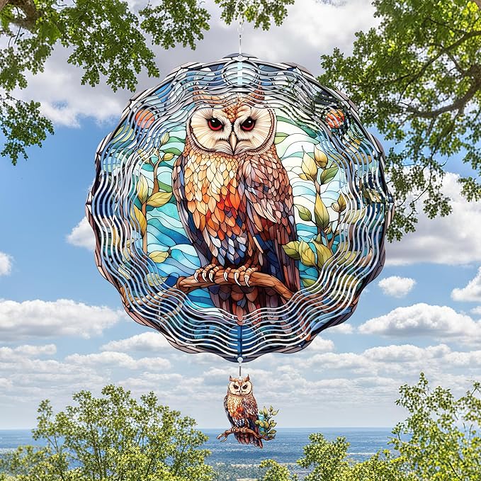 Owl Wind Spinners Outdoor - 3D Metal Garden Hanging Decor Kinetic Spinning Yard Art Ornaments Indoor Home Sculpture Patio Backyard Decoration Christmas New Year Gifts for Women Mom Grandma