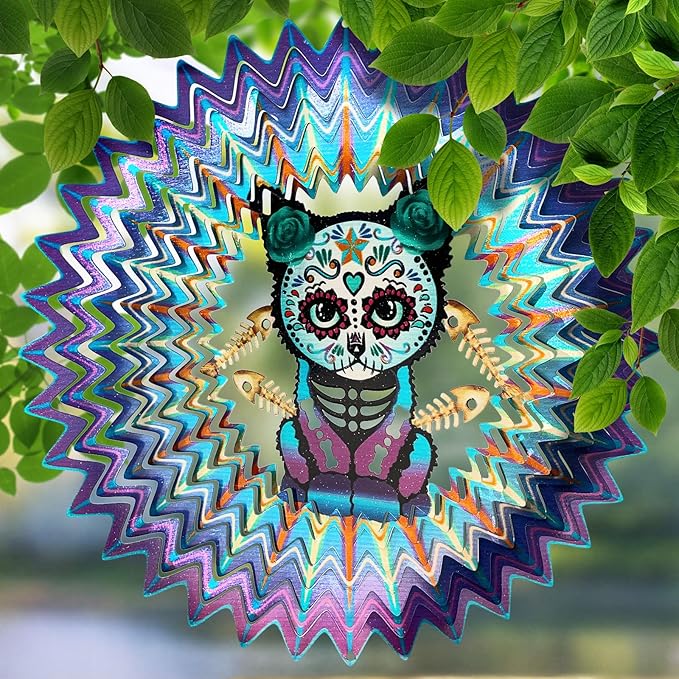 FONMY Sugar Skull Wind Spinner Cat 12inch 3D Stainless Steel Wind Sculpture Worth Gift Christmas Decor.Hanging Mandala Kitten Skull Wind Spinners Metal Yard Art Garden Decoration Indoor/Outdoor Décor