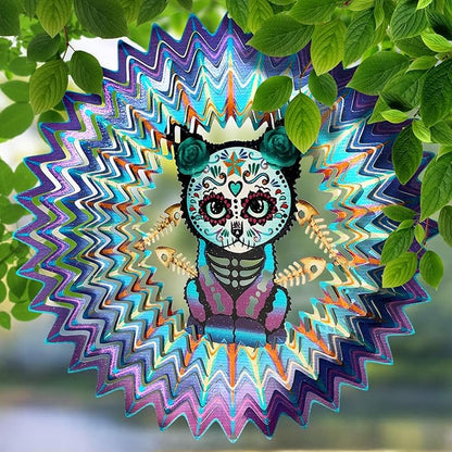 FONMY Sugar Skull Wind Spinner Cat 12inch 3D Stainless Steel Wind Sculpture Worth Gift Christmas Decor.Hanging Mandala Kitten Skull Wind Spinners Metal Yard Art Garden Decoration Indoor/Outdoor Décor
